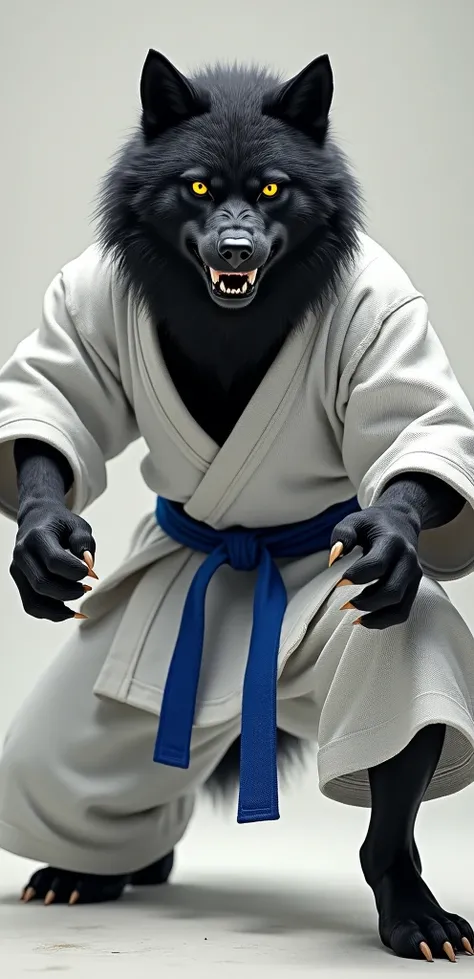 Black wolf  in white jiujitsu kimono with blue belt in agresive fighting stance