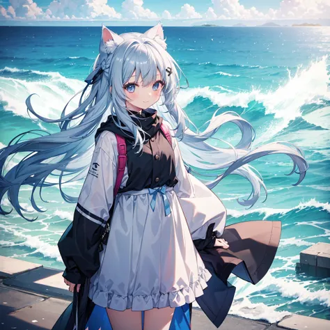 Girl with long hair, greyt hair。Eyes are light blue。Cute smile。standing beside the ocean. Shes cute, There are cat ears on the head。her hair is blowing in the wind, And she&#39;i&#39;Me in a school sailor suit, with sleeves rolled up. She is beautiful, Swe...