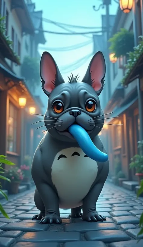 One dog　French bulldog, Totoro and giraffe tongue combined like a blue fantasy、Ghibli-style streetscape　