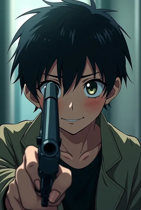 A boy who has a gun in his hand and is aiming at his head. The image is in the form of anime. He is a teenager and has a smile on his face. You forgot to smile.