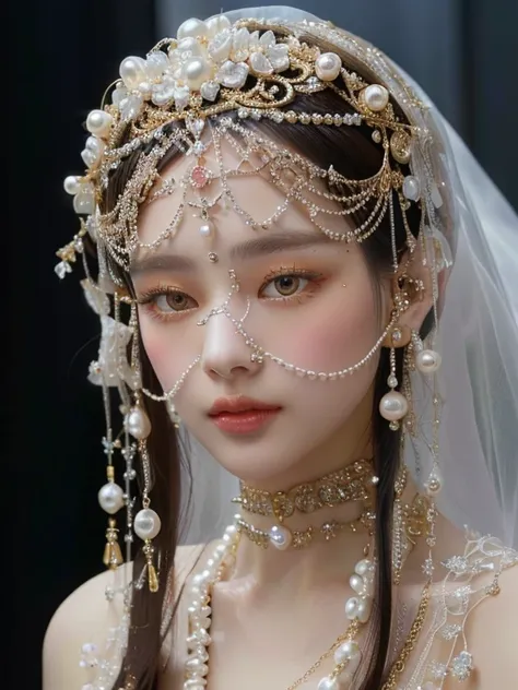 a close up of a woman wearing a veil and pearls and golden eyes, veils and jewels, pearls and chains, forehead jewelry, jeweled ...