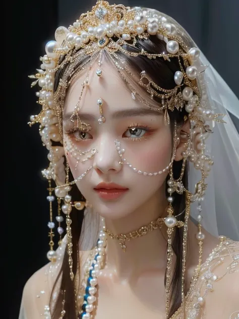 a close up of a woman wearing a veil and pearls and golden eyes, veils and jewels, pearls and chains, forehead jewelry, jeweled ...