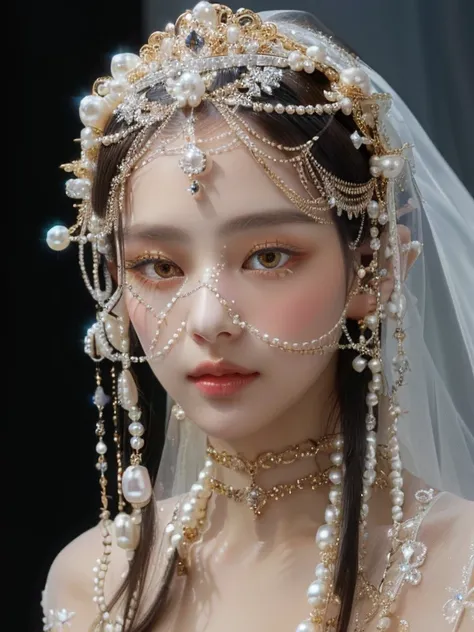 a close up of a woman wearing a veil and pearls and golden eyes, veils and jewels, pearls and chains, forehead jewelry, jeweled ...