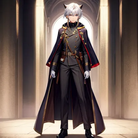 ((Male teenager)), ((military uniform)), ((full body)), Tasha is a white-haired teenager with a thin build., more slender, and purple-gray eyes. He wears a standard Witch Hunter uniform., black in reference to his rank, in the form of an overcoat with a cl...