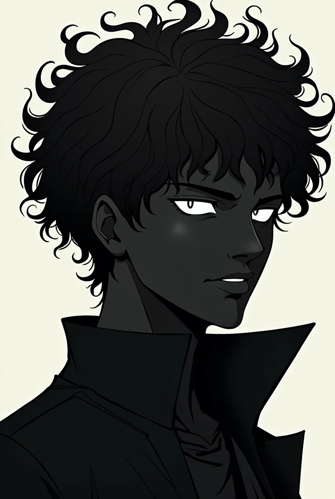 an anime style man, all black with white eyes and messy curly hair and black skin 