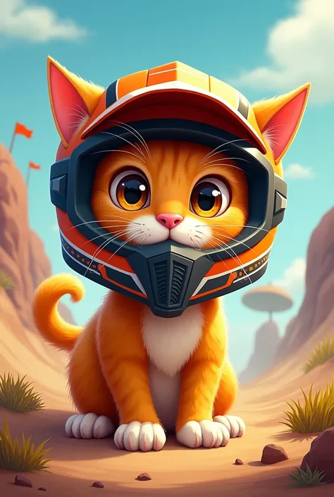 Cute orange cat with helmet on a motocross