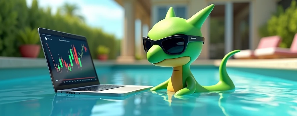 Snivy with black sun glasses is watching bitcoin charts up on laptop while swimming in the swimming pool on sunny day