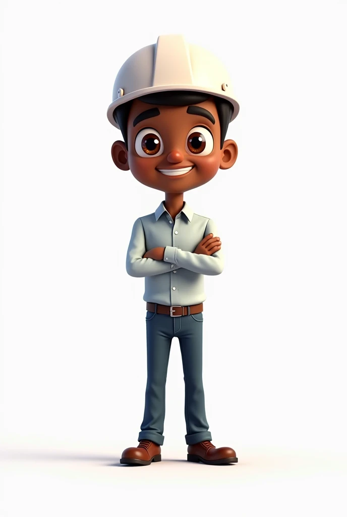 (cartoon:1.2), cartoon man engineer team leader, brown-eyed, DARK SKIN, with construction helmet on white head, with light business shirt, white background.