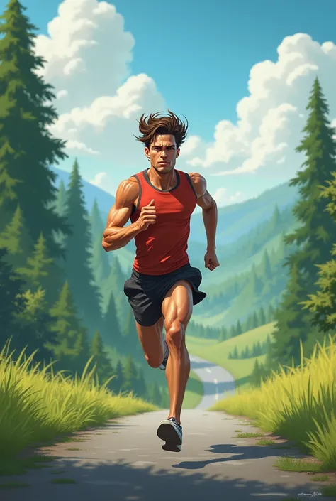 A young man is running on the road.