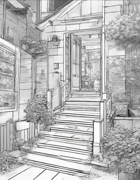 Image from inside a house showing the exit, the modern steps leading to the street. Black and white manga style 