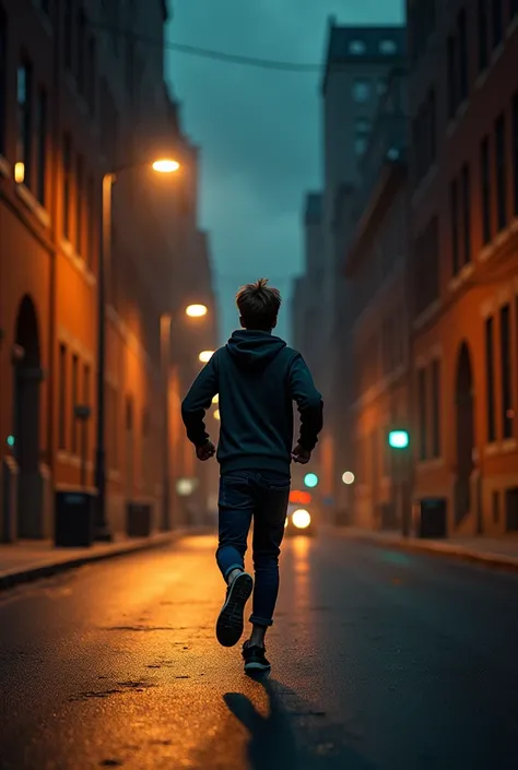 teenager running with his back turned, on the street at night