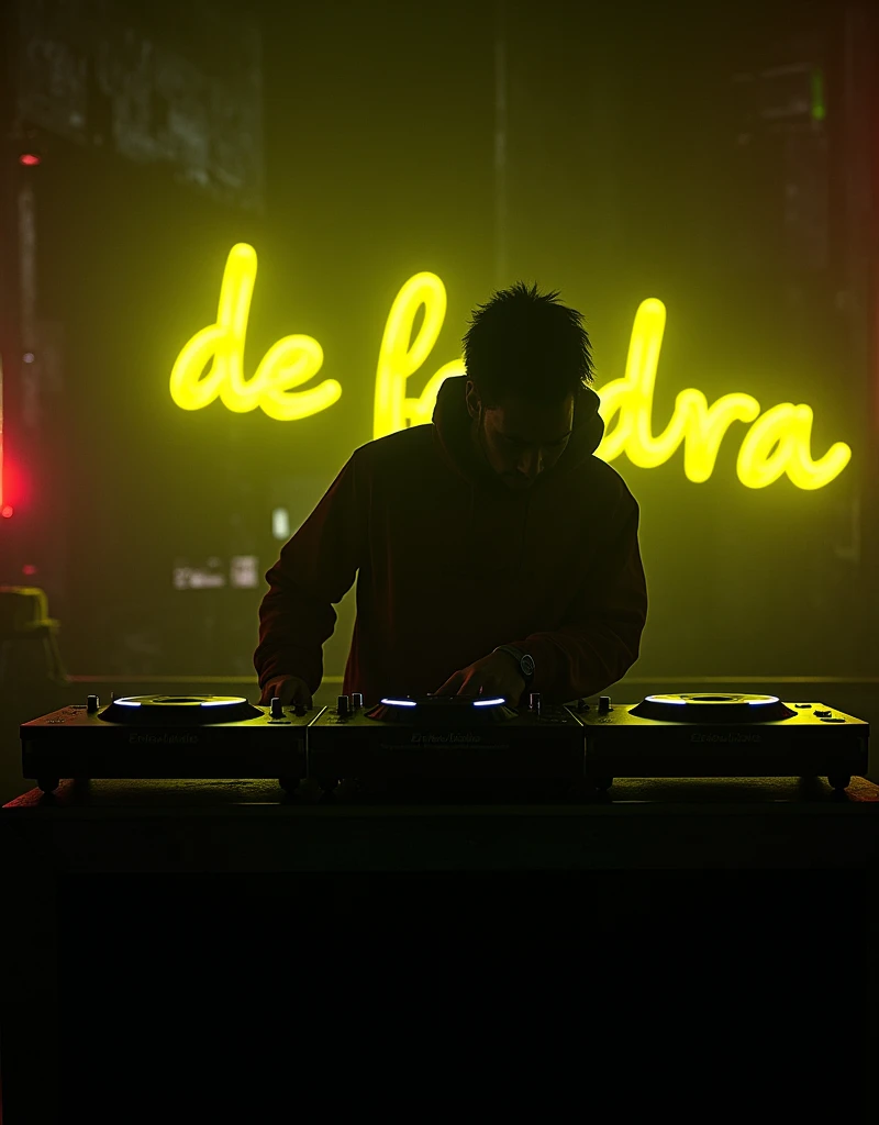  A DJ whose face is not visible and who wears urban clothing and who has visible the phrase with neon yellow light on the wall "De Fandra"