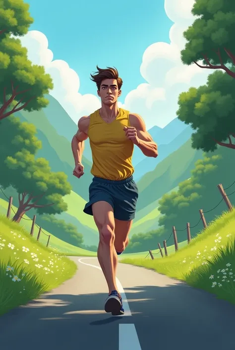 A young man is running on the road.