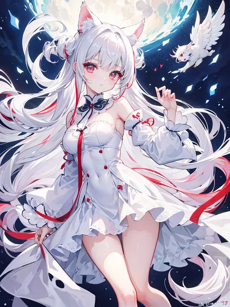 masterpiece, Highest quality, beautiful, high resolution, perfect anatomy, top-quality、 8K、 red eyes, white hair, long hair, Hairstyle with a tuft of braids hanging down from around the bangs on one side, White cat ears, White cat tail, a beauty girl、 Nice...