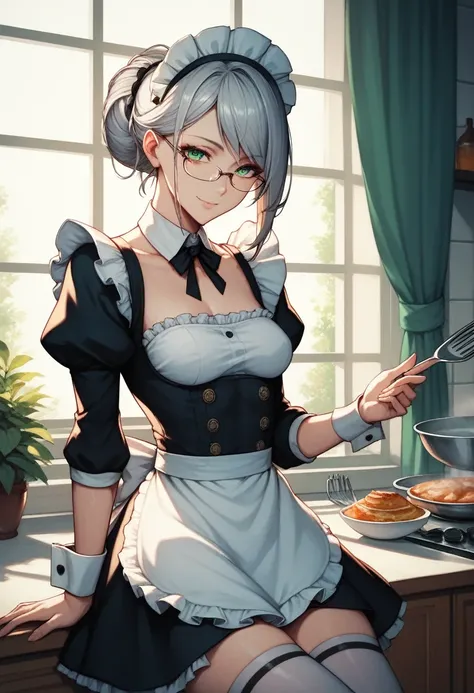 masterpiece, best quality, high resolution, beautiful detailed eyes, extremely detailed face, good lighting, detailed, girl, green eyes, glasses, silver hair, straight hair, small breasts, maid, short puffy sleeves, small maid apron, thigh highs, light smi...