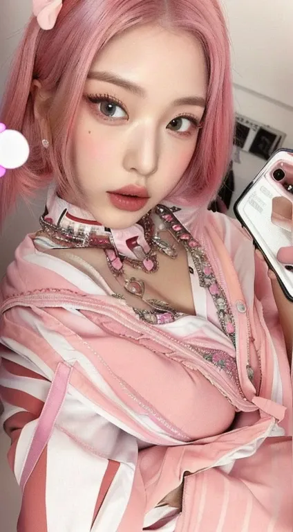 there is a woman with pink hair holding a cell phone, kawaii decora rainbowcore, decora inspired, belle delphine, with pink hair, peach and goma style, fairycore, very aesthetic!!!!!!, anime vibes, cute girl with short pink hair, y 2 k cutecore clowncore, ...