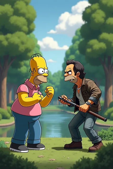 Homer Simpson fighting Rick from The Walking Dead in a park 