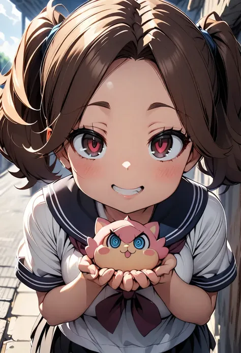 Young girl, a bir chubby, short brown hair with pigtails, yandere, holding viewer in her hand, perspective from her hand 