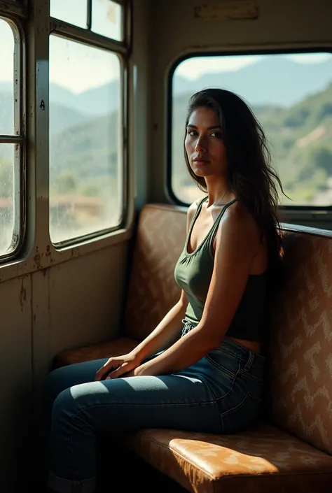 A woman sitting upright on a Brazilian travel bus bench. Visualize the woman looking at her from the right side. Sitting on a bus seat, inside the bus