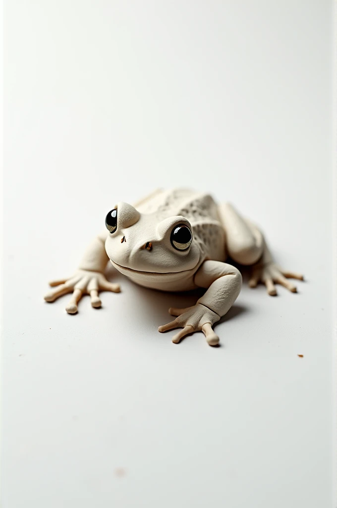 A little frog made of clay and a sheet of white paper visible in the background, the most realistic