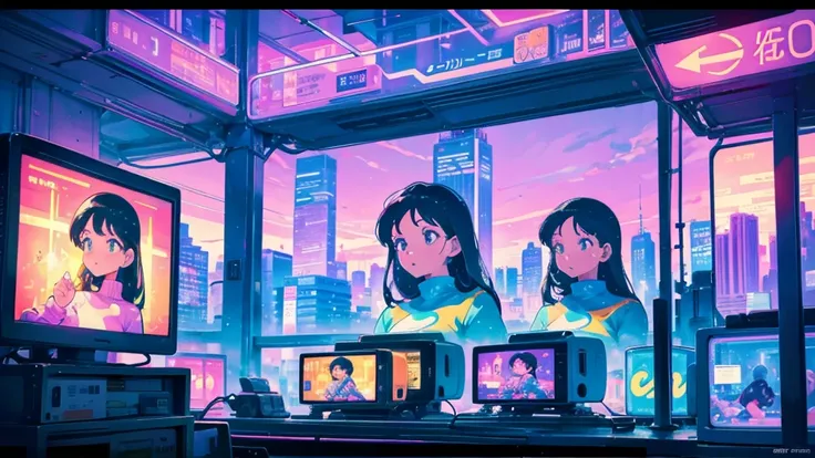 Popart&#39;s style、8k、Best Quality、
［background］CRT TVs are stacked up
［woman］Looking at this
［atmosphere］City Pop