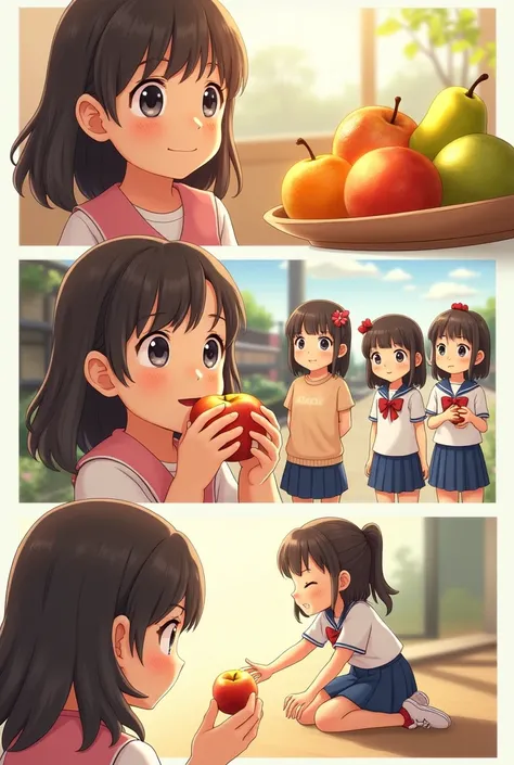 Close-up of an  girl eating fruit. 2. second plan, the same girl sharing fruit with her classmates. 3. Third plane, The same girl meets a new companion