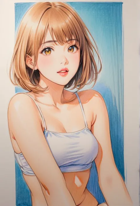  Girl，Short camisole，white，Art，Ad，colour pencil drawing，(((The best beautiful girl ever))), Lips in love, Makoto Shinkai style, (((sexy design)))