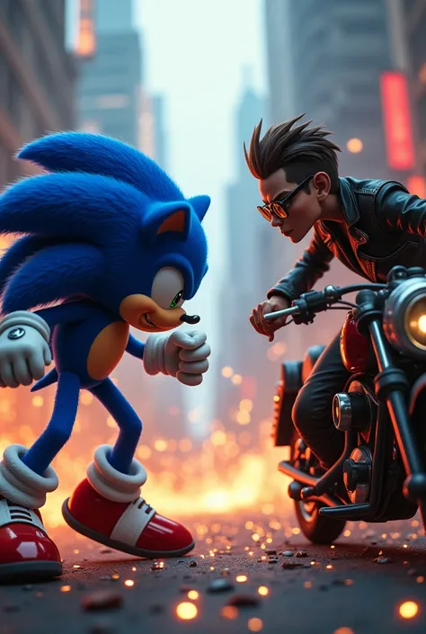 Create Sonic vs a skinny biker with glasses 