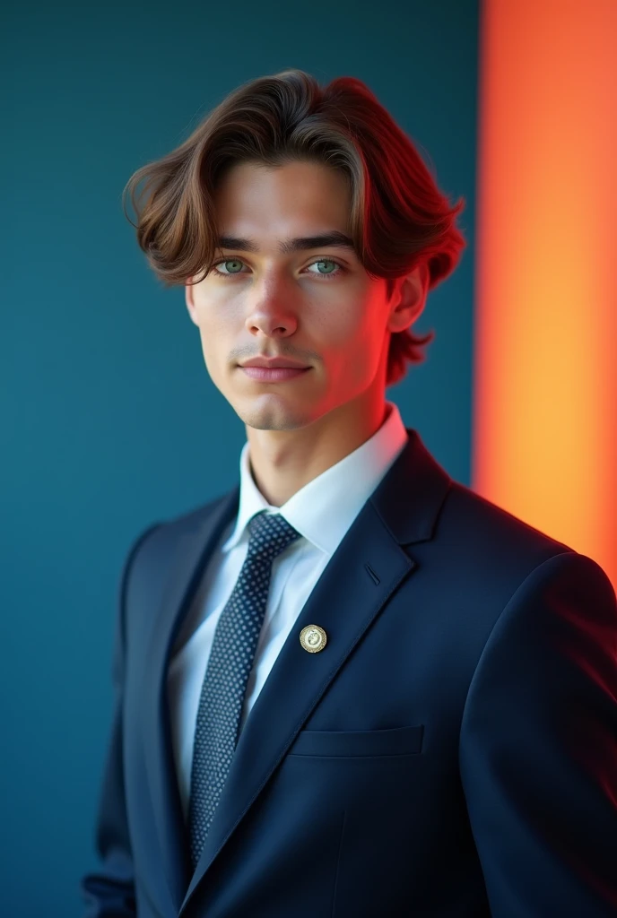 Take a picture of a young man/ white teenager, with straight hair/wavy, with green eyes. He is wearing a smart suit, dark blue in color.
Regarding the background, make a color gradient on that scale:
60% of blue 30% in red 10% yellow Remember to make a gre...