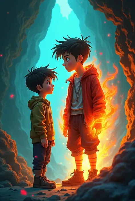 Two teenage boys in a mysterious blue and green cave, which has a small red crystal in it. One of the boys emits a lot of light like fire and wears an eccentric outfit.. Accurate image conveys heat
