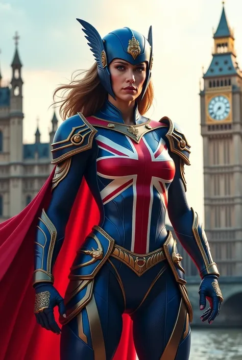 English superheroine in armor with the colors of the London flag