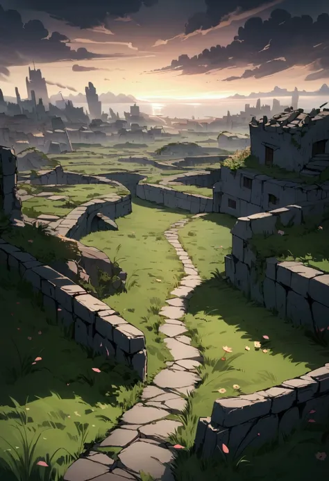 A field full of grass and a stone walkway passing by and on the horizon a destroyed city and completely cloudy 