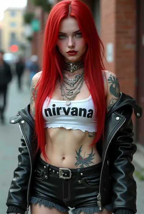 full body young woman, dark red lips, long straight ruby red hair,pale skin, emerald green eyes, blushing cheeks she wears a white top with the word "Nirvana" written on it, silver layered necklaces, visible tattoos, Leather shorts adorned with studded bel...