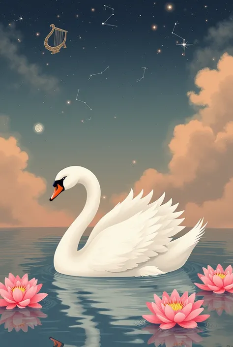 traditional Japanese painting of a swan in a lake peaceful and graceful, elegant and refined painting, swans, pink undertones Japanese show the star constellation signus and the harp in the sky use pink undertones of waterlillys 
pink
