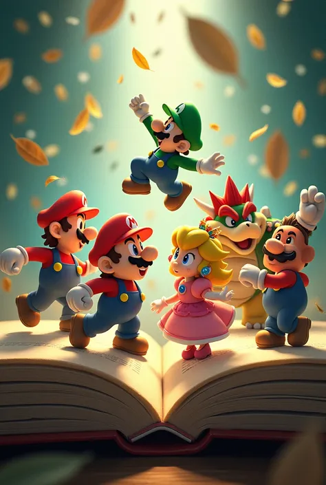 A poster with the characters from Mario Party, movie style. But inside a book on whose pages there are cutouts of geometric figures. They are in a position where the leaves can fall on them.. But they can pass through the form of cuts