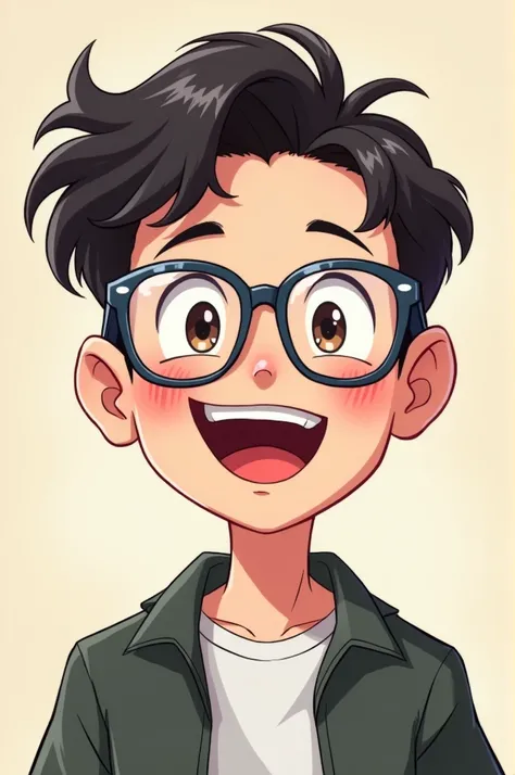 Young man laughing with clear glasses,chibi style