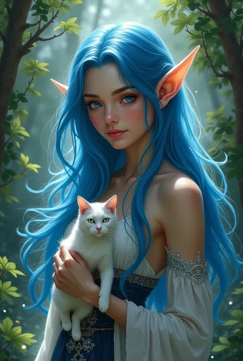 Adult female elf with blue hair, with cat