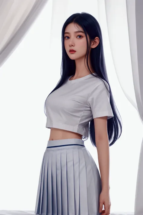 (extremely detailed CG:1.2), (masterpiece:1.2), (best quality:1.2),,((absurdres)),looking at viewer,full body, ,(1girl),solo,(long hair),(mathayom uniform),(white shirt short sleeves),(navy_blue pleated skirt),(long skirt),dynamic angle,standing,dynamic po...