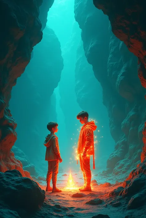 Two teenage boys almost grown up in a mysterious blue and green cave, which has a small red crystal in it. One of the boys emits a lot of light like fire and wears a flashy outfit.. Accurate image conveys heat