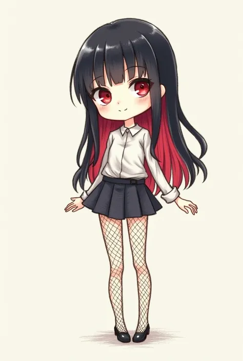 Simple drawing of a pale girl with black hair and red highlights wearing a skirt and fishnet stockings, eyeliner on the eyes (simple drawing)