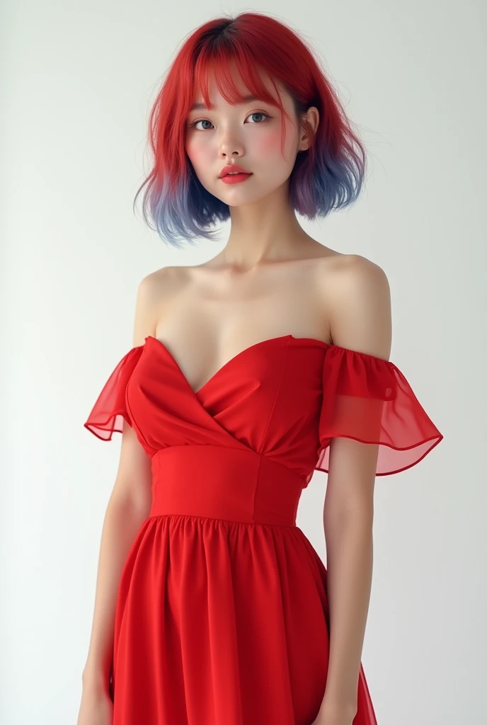 photorealistic,Very detailed, Very realistic, Hyperrealism, Ultra-realistic, Best Quality,(masterpiece,Soft lighting, Stylish eyes with attention to detail: 1.2),A sharp gaze staring at me, (cute),Sleeveless,Sheer off-the-shoulder red dress,Panier skirt,Th...