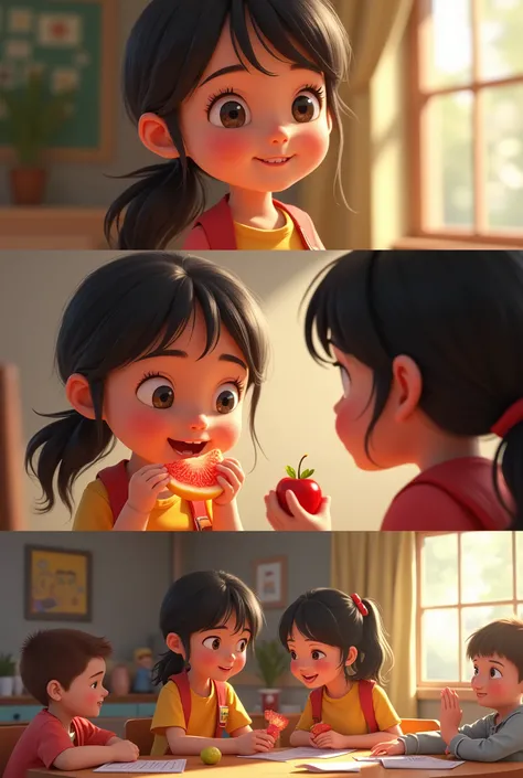 Close-up of an  girl eating fruit. 2. second plan, the same girl sharing fruit with her classmates. 3. Third plane, The same girl meets a new classmate and greets her. 