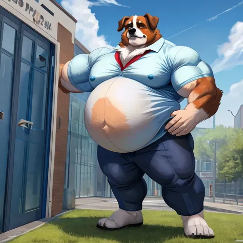 Dogs are fluffy, thick, Fat，private，middle aged，St.. Bernard，inflatable adult，big fat bloated belpy inflation ，fat strong，A little bit fat，muscle，teacher，outdoors，sweat，Wet short sleeves，stand at the door，Stыбка，Anime style，blue theme，green plants，I&#39;m ...