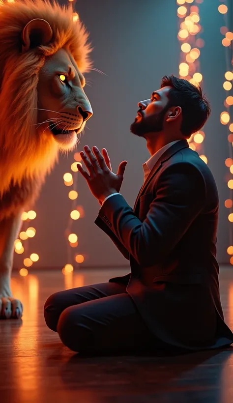 (photorealism:1.2), create a praying businessman surrounded by lights with a lion. 