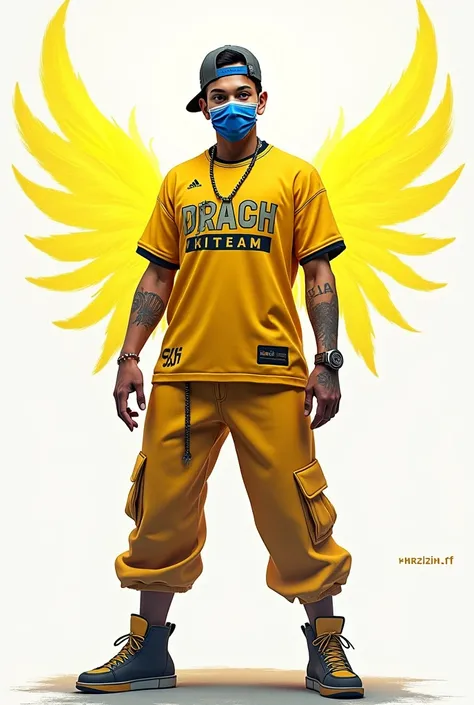 Free fire male character, with cap backwards , ARCTIC BLUE MASK , yellow team shirt , yellow angelic pants , with yellow rays on white background with the name "krzin.ff"