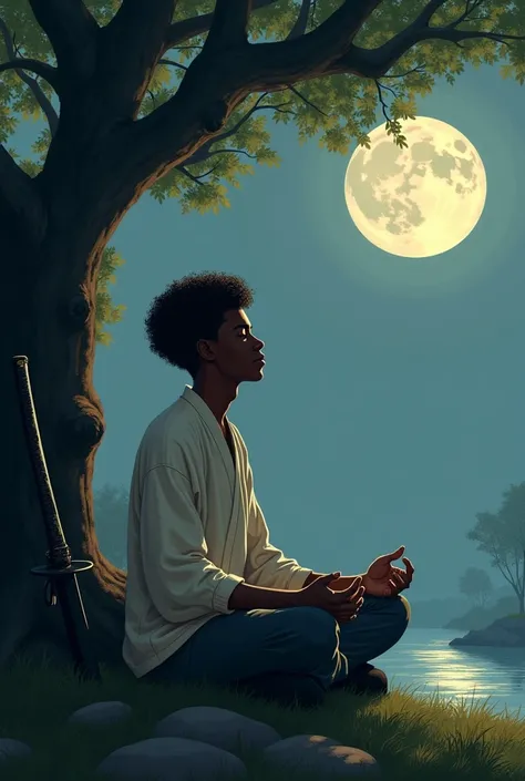 A young black light skin guy with a Katana and under a tree Meditating at night While looking at the moon i have a afro 