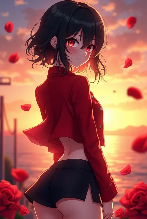 Femboy Black hair anime boy red jacket black short skirt black stokes fat ass red beautiful eyes roses in the background sunset