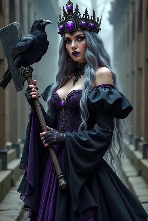 Woman in a black and purple wedding dress , with long hair gray hair On the shoulder a black raven In the hands of a cleaver On the head a crown with a raven skull and purple stones In full growth