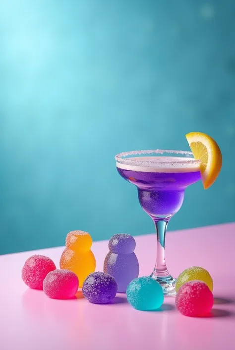 Create images with purple and blue colors with edible gummies and make them purple and blue colors also spread with a glass of margarita or piña colada next to the gummies for an Instagram post