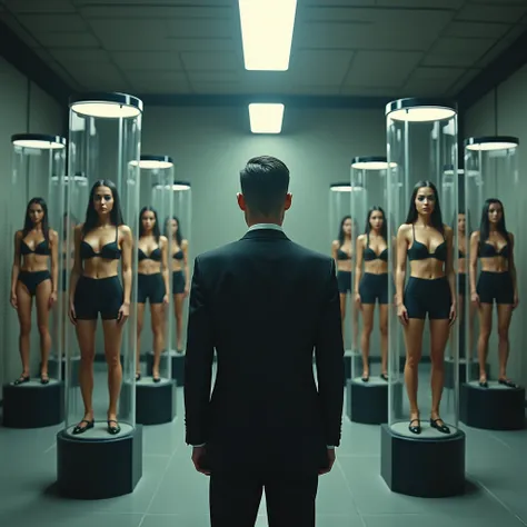 in a military barracks, There are beautiful women standing on pedestals in glass cases on the wall, They are dressed as tight and sexy spies, They have a cold and emotionless look on their faces, On the side there are other women standing on pedestals, In ...